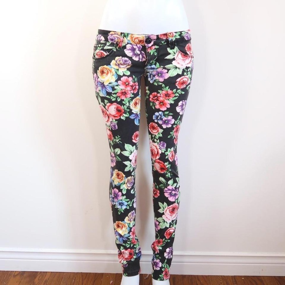 floral‎ skinny jeans black rose print y2k indie sleaze size 5